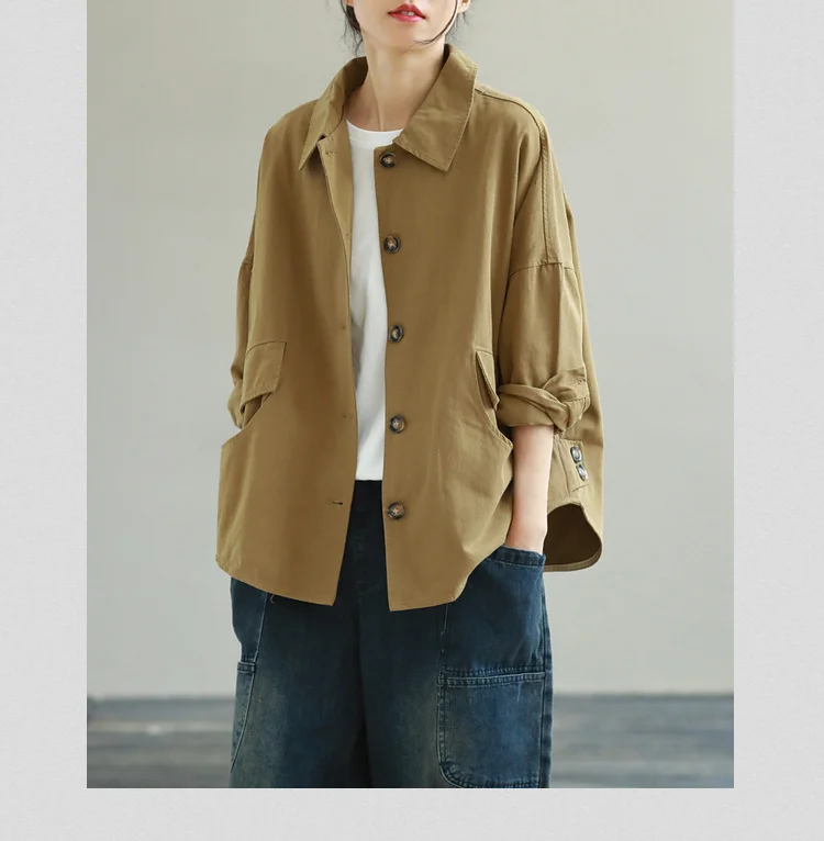 Amax LuluE Autumn 2025 Outerwear Womens Khaki Korean Style Vintage Jacket Basic Lady Casual Coat Button Harajuku Loose Clothing