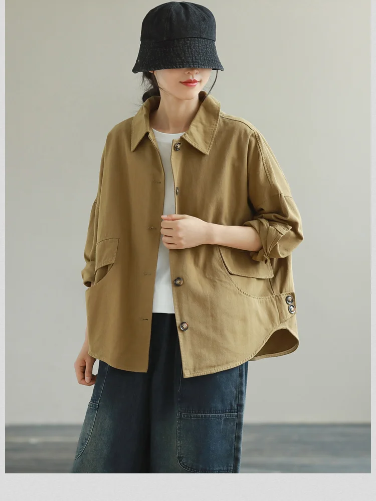 Amax LuluE Autumn 2025 Outerwear Womens Khaki Korean Style Vintage Jacket Basic Lady Casual Coat Button Harajuku Loose Clothing