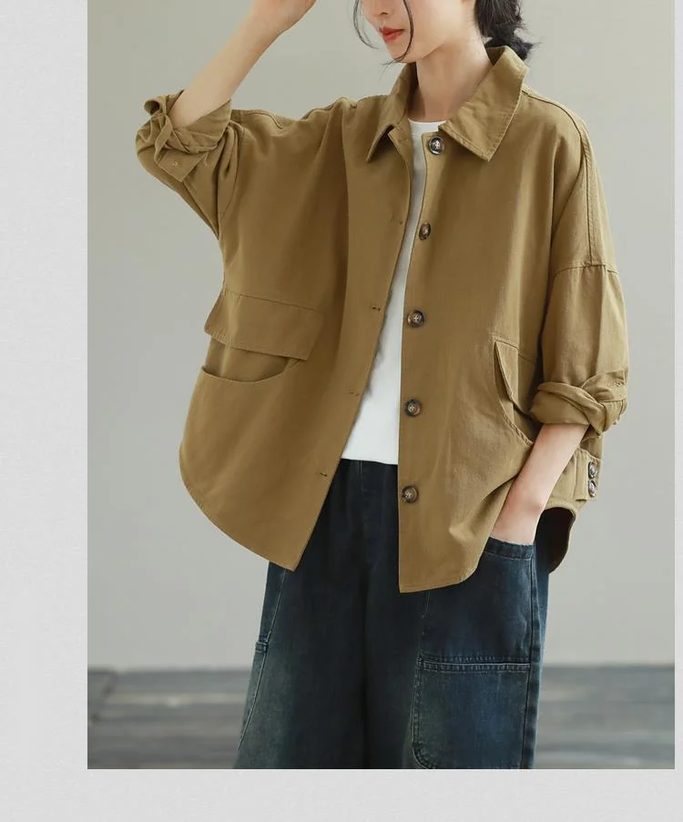 Amax LuluE Autumn 2025 Outerwear Womens Khaki Korean Style Vintage Jacket Basic Lady Casual Coat Button Harajuku Loose Clothing