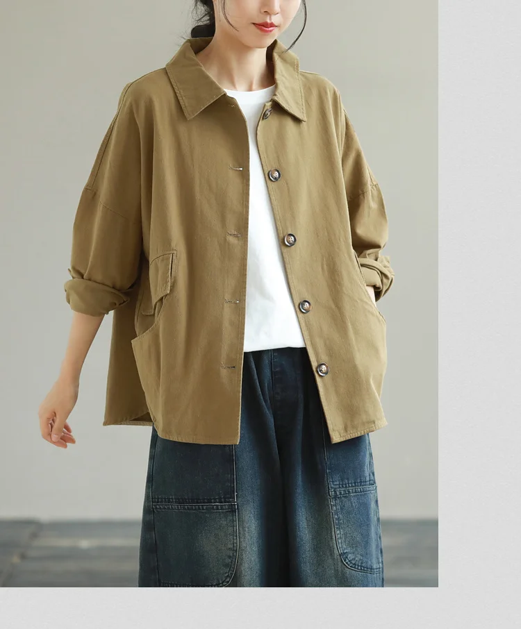 Amax LuluE Autumn 2025 Outerwear Womens Khaki Korean Style Vintage Jacket Basic Lady Casual Coat Button Harajuku Loose Clothing