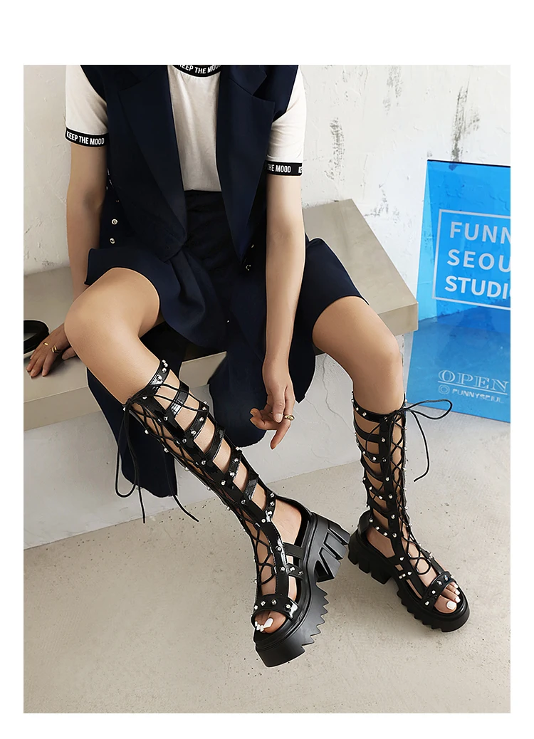 Patent Leather Hollow Cross Straps Roman Style Women's Sandals Metal Rivets Waterproof Platform To Increase The Height Sandals