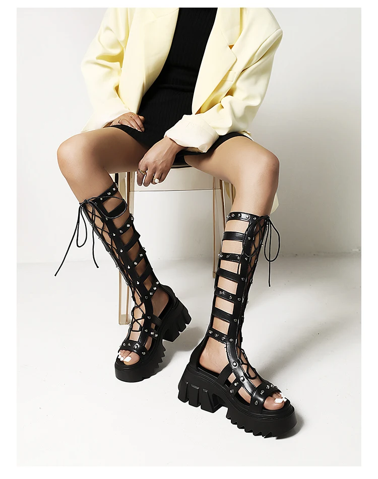 Patent Leather Hollow Cross Straps Roman Style Women's Sandals Metal Rivets Waterproof Platform To Increase The Height Sandals