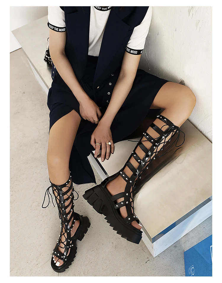 Patent Leather Hollow Cross Straps Roman Style Women's Sandals Metal Rivets Waterproof Platform To Increase The Height Sandals