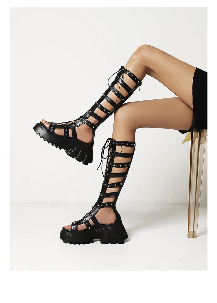 Patent Leather Hollow Cross Straps Roman Style Women's Sandals Metal Rivets Waterproof Platform To Increase The Height Sandals