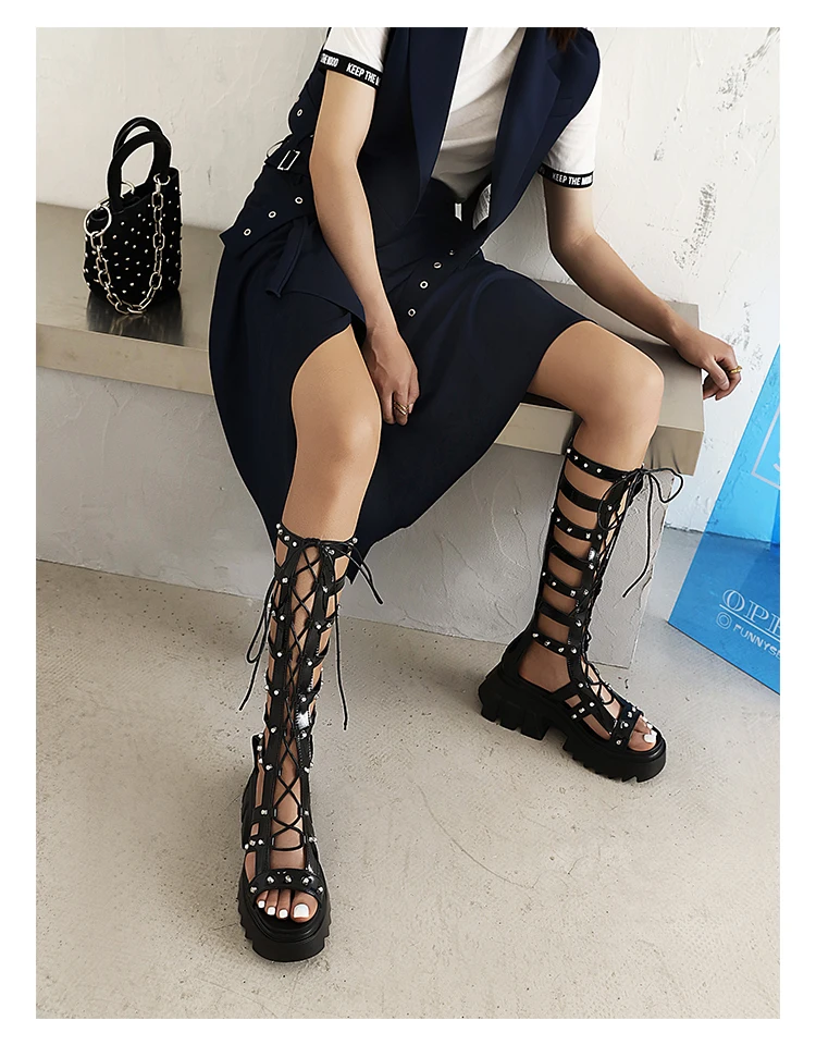 Patent Leather Hollow Cross Straps Roman Style Women's Sandals Metal Rivets Waterproof Platform To Increase The Height Sandals