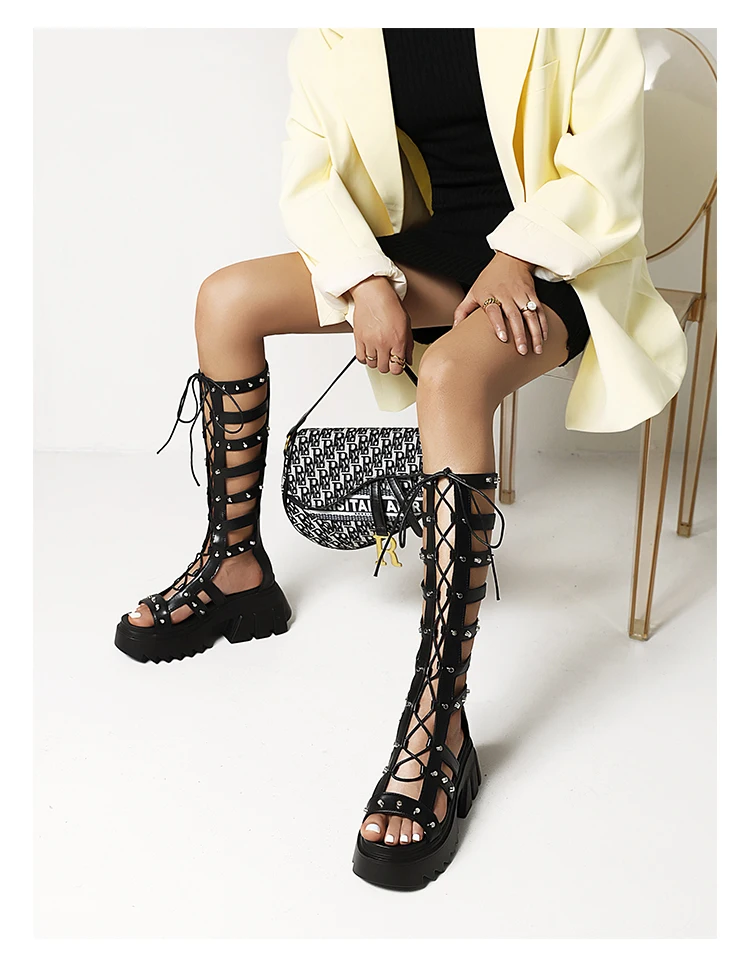 Patent Leather Hollow Cross Straps Roman Style Women's Sandals Metal Rivets Waterproof Platform To Increase The Height Sandals