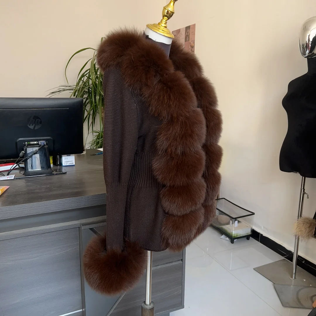 HU QIU MEI SI Women Real Fox Fur Knitted Cardigan Woolen Sweater with Real Fox Fur Collar and Raccoon Fur Collar Cardigan
