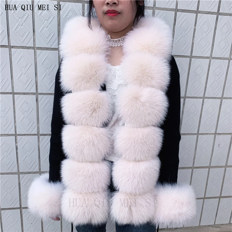 HU QIU MEI SI Women Real Fox Fur Knitted Cardigan Woolen Sweater with Real Fox Fur Collar and Raccoon Fur Collar Cardigan
