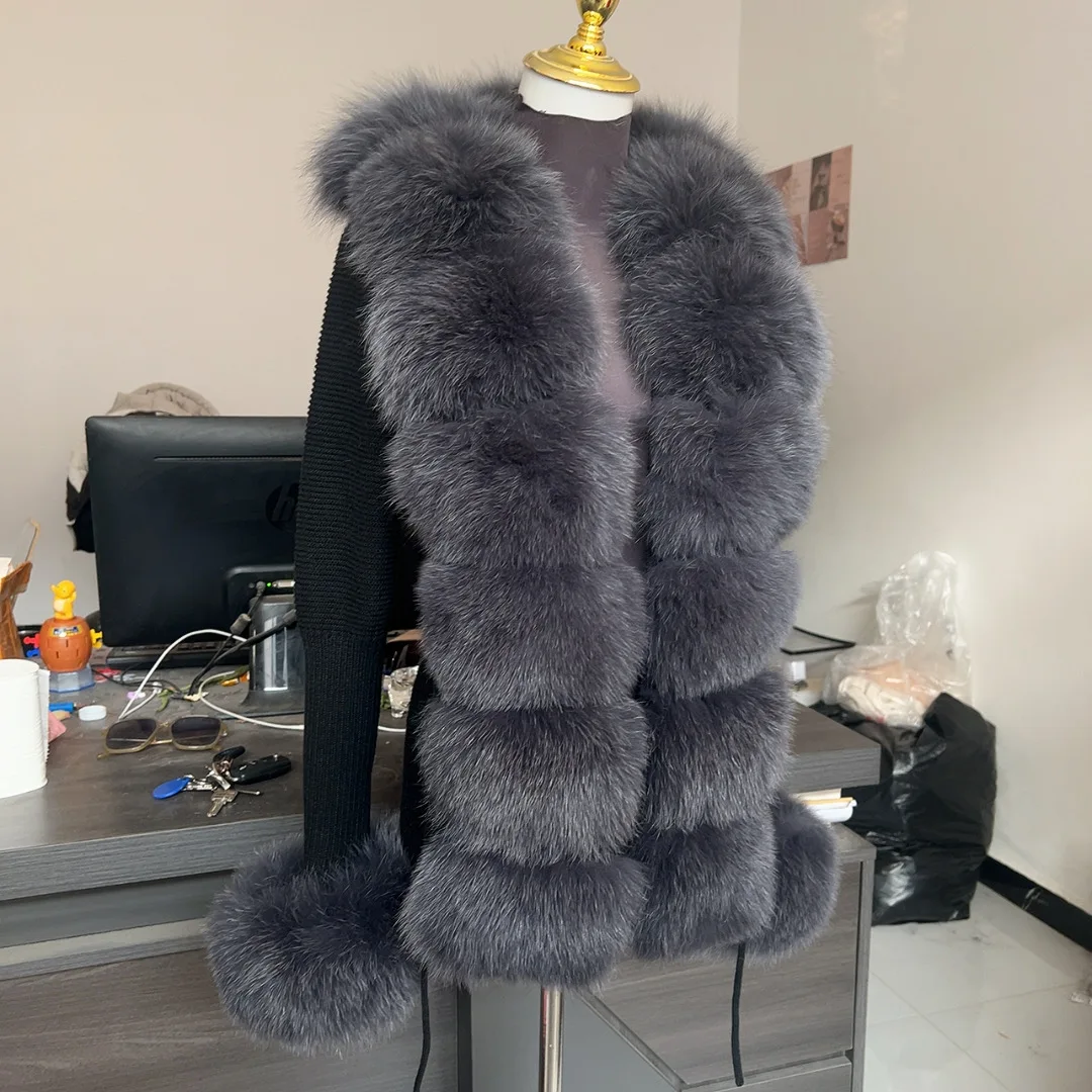 HU QIU MEI SI Women Real Fox Fur Knitted Cardigan Woolen Sweater with Real Fox Fur Collar and Raccoon Fur Collar Cardigan