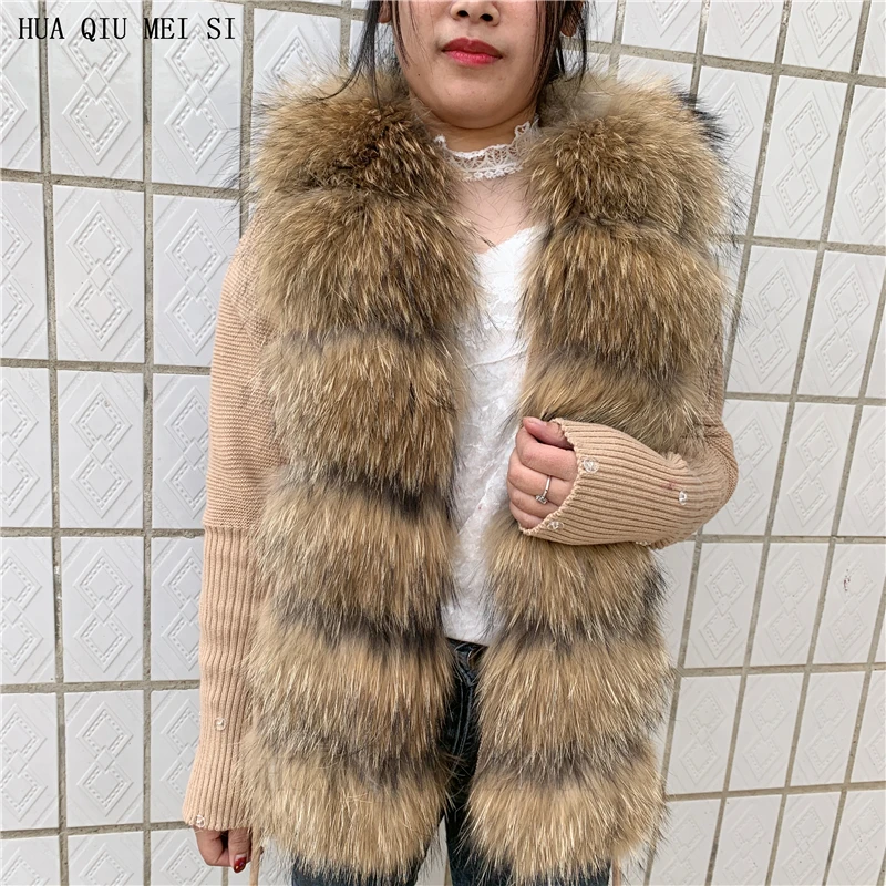 HU QIU MEI SI Women Real Fox Fur Knitted Cardigan Woolen Sweater with Real Fox Fur Collar and Raccoon Fur Collar Cardigan