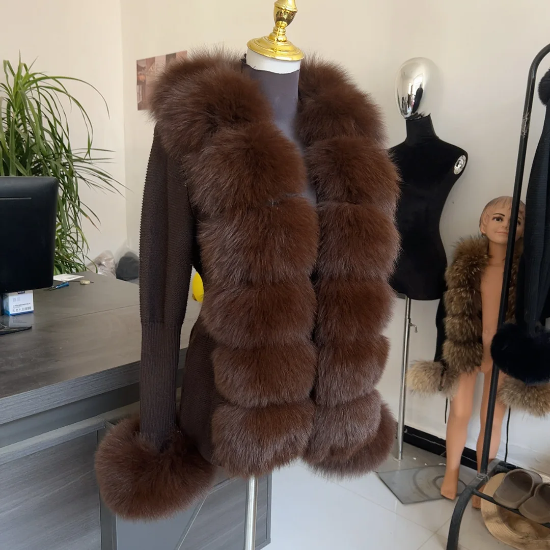 HU QIU MEI SI Women Real Fox Fur Knitted Cardigan Woolen Sweater with Real Fox Fur Collar and Raccoon Fur Collar Cardigan