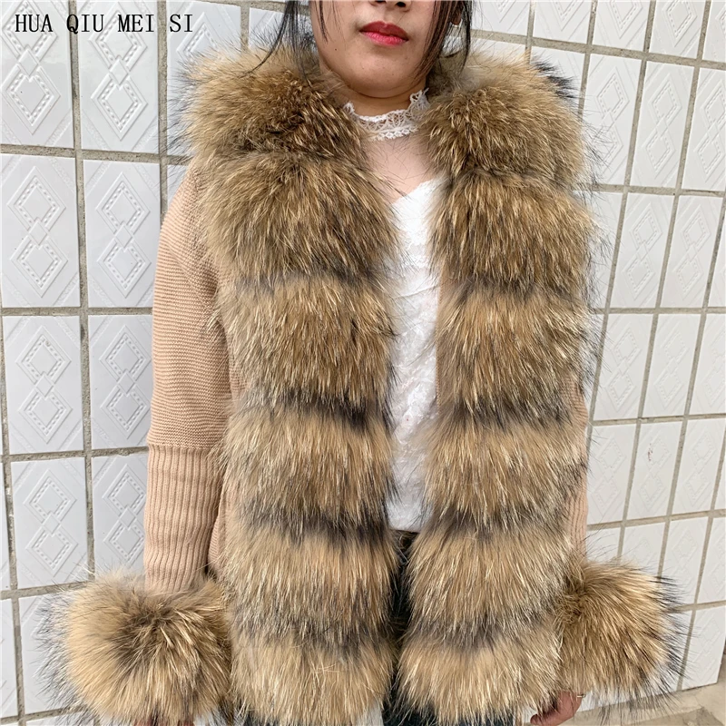 HU QIU MEI SI Women Real Fox Fur Knitted Cardigan Woolen Sweater with Real Fox Fur Collar and Raccoon Fur Collar Cardigan