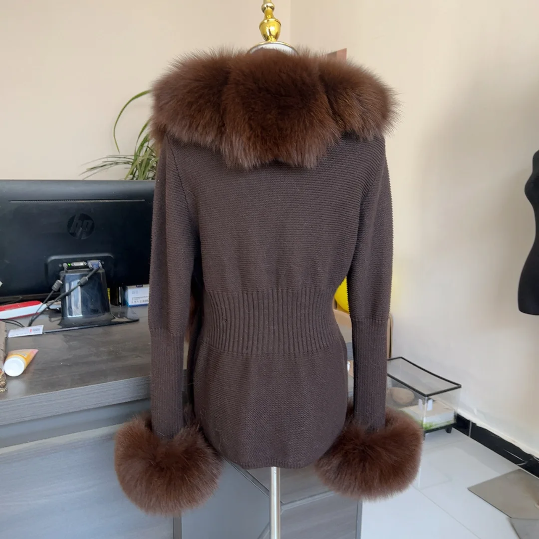 HU QIU MEI SI Women Real Fox Fur Knitted Cardigan Woolen Sweater with Real Fox Fur Collar and Raccoon Fur Collar Cardigan