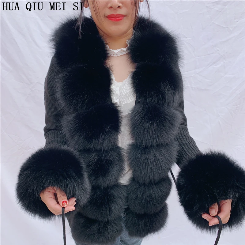 HU QIU MEI SI Women Real Fox Fur Knitted Cardigan Woolen Sweater with Real Fox Fur Collar and Raccoon Fur Collar Cardigan