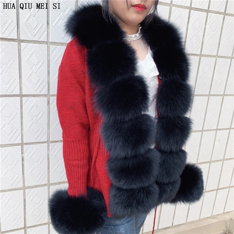HU QIU MEI SI Women Real Fox Fur Knitted Cardigan Woolen Sweater with Real Fox Fur Collar and Raccoon Fur Collar Cardigan