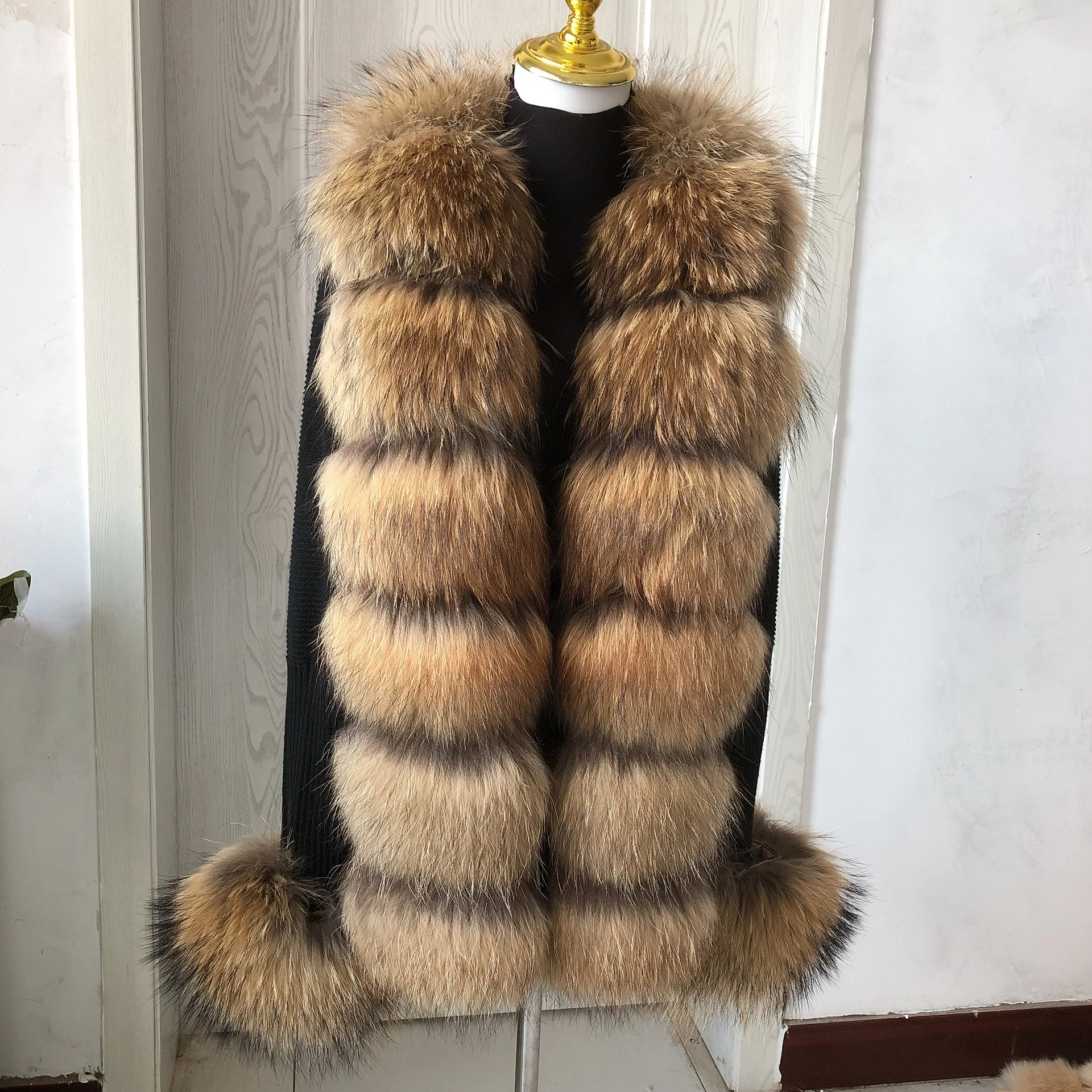 HU QIU MEI SI Women Real Fox Fur Knitted Cardigan Woolen Sweater with Real Fox Fur Collar and Raccoon Fur Collar Cardigan