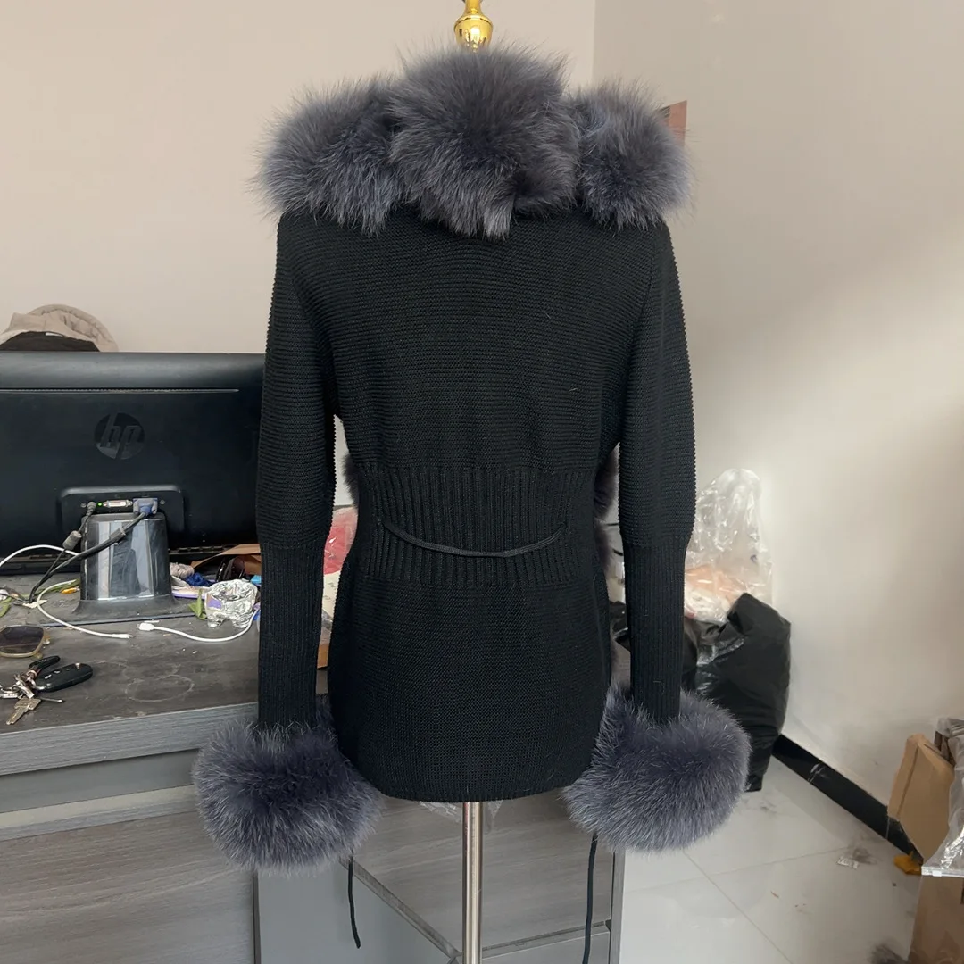 HU QIU MEI SI Women Real Fox Fur Knitted Cardigan Woolen Sweater with Real Fox Fur Collar and Raccoon Fur Collar Cardigan