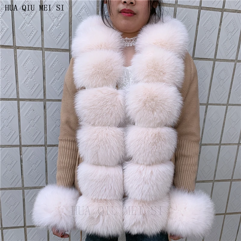 HU QIU MEI SI Women Real Fox Fur Knitted Cardigan Woolen Sweater with Real Fox Fur Collar and Raccoon Fur Collar Cardigan