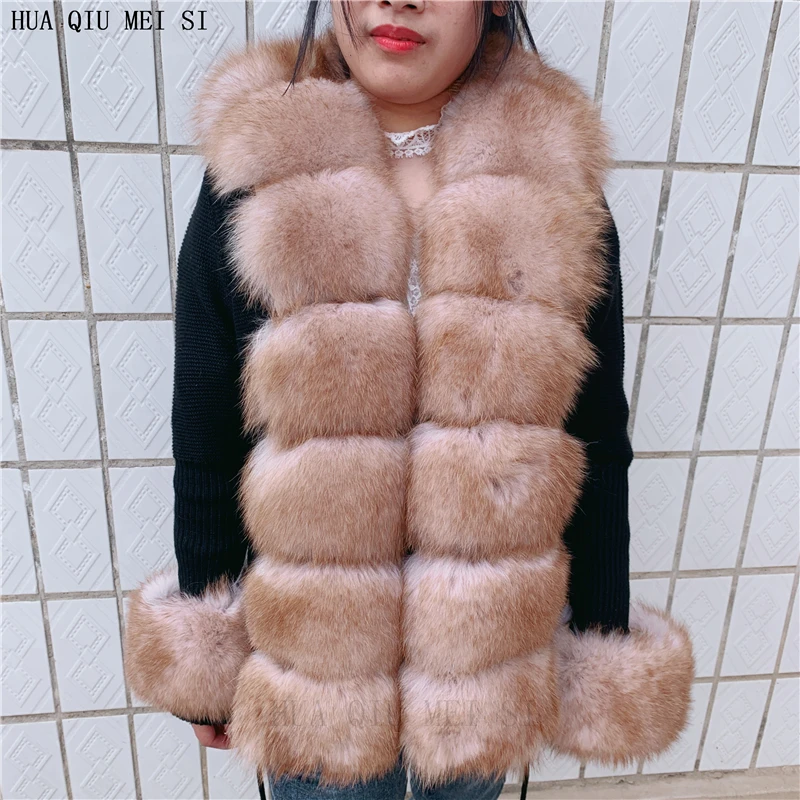 HU QIU MEI SI Women Real Fox Fur Knitted Cardigan Woolen Sweater with Real Fox Fur Collar and Raccoon Fur Collar Cardigan