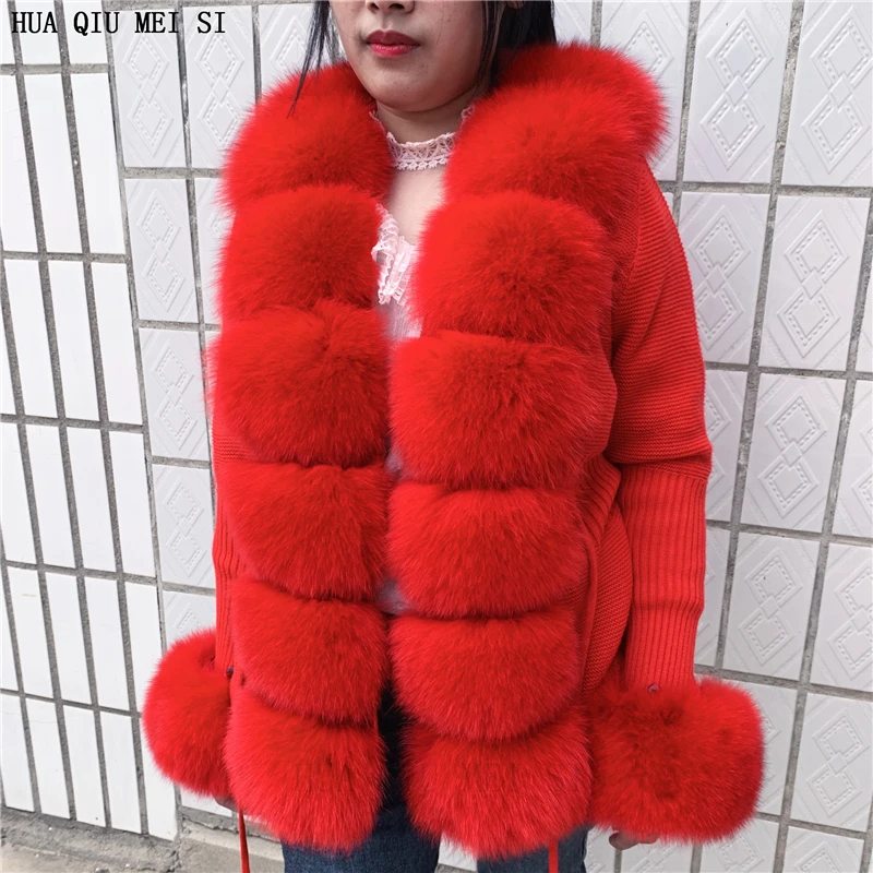 HU QIU MEI SI Women Real Fox Fur Knitted Cardigan Woolen Sweater with Real Fox Fur Collar and Raccoon Fur Collar Cardigan