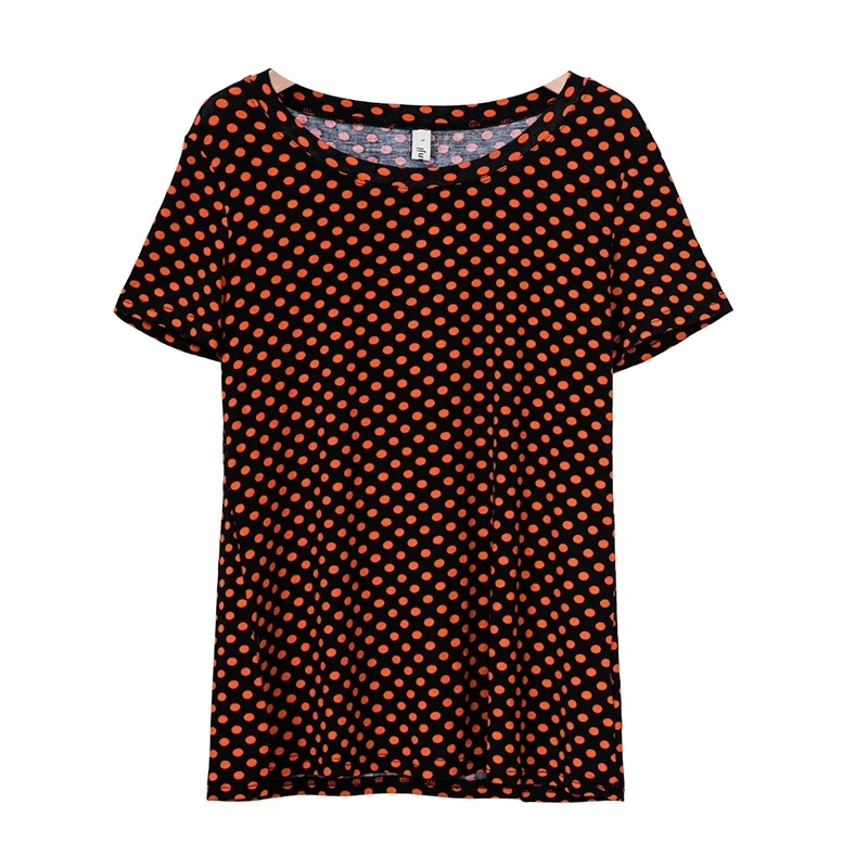 Soft Elastic Viscose Summer Women T-Shirt Polka Dot Print Short Sleeve O-Neck Boho Tees Top M30167