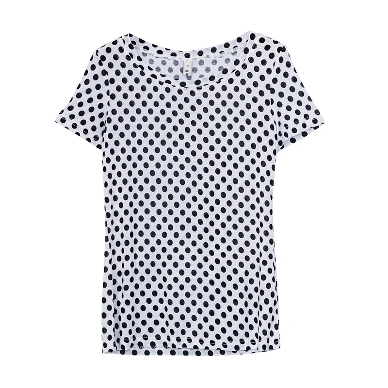 Soft Elastic Viscose Summer Women T-Shirt Polka Dot Print Short Sleeve O-Neck Boho Tees Top M30167