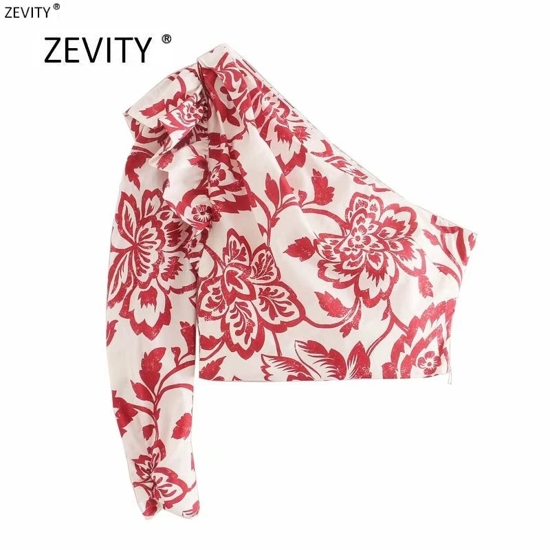 new women one shoulder pleated ruffles short Shirt totem flower print slim blouses women roupas femininas chemise shirts LS6411