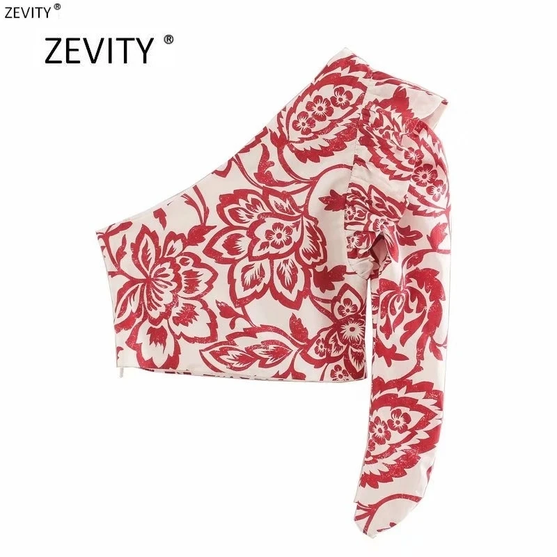 new women one shoulder pleated ruffles short Shirt totem flower print slim blouses women roupas femininas chemise shirts LS6411