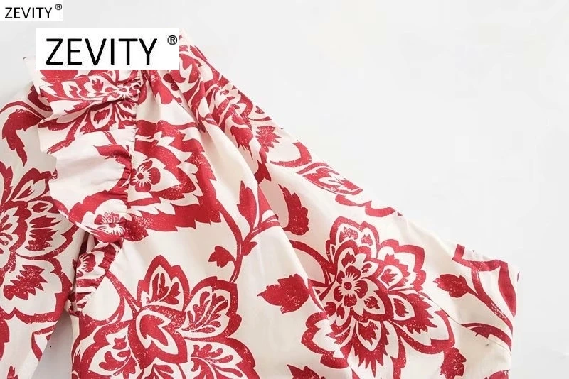 new women one shoulder pleated ruffles short Shirt totem flower print slim blouses women roupas femininas chemise shirts LS6411