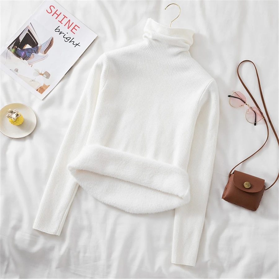 High-Quality Winter Plus Velvet Turtleneck Sweater Women Warm Slim Long Sleeve Elastic Knitted Pullovers Korean Knitwear Sweater