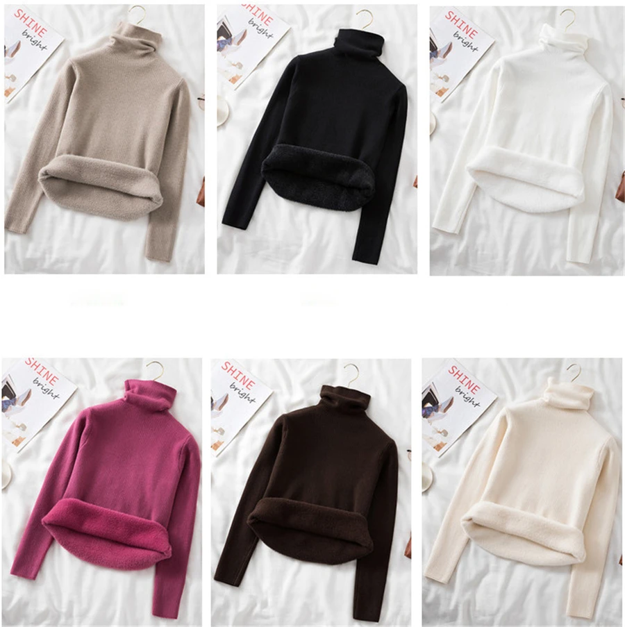High-Quality Winter Plus Velvet Turtleneck Sweater Women Warm Slim Long Sleeve Elastic Knitted Pullovers Korean Knitwear Sweater