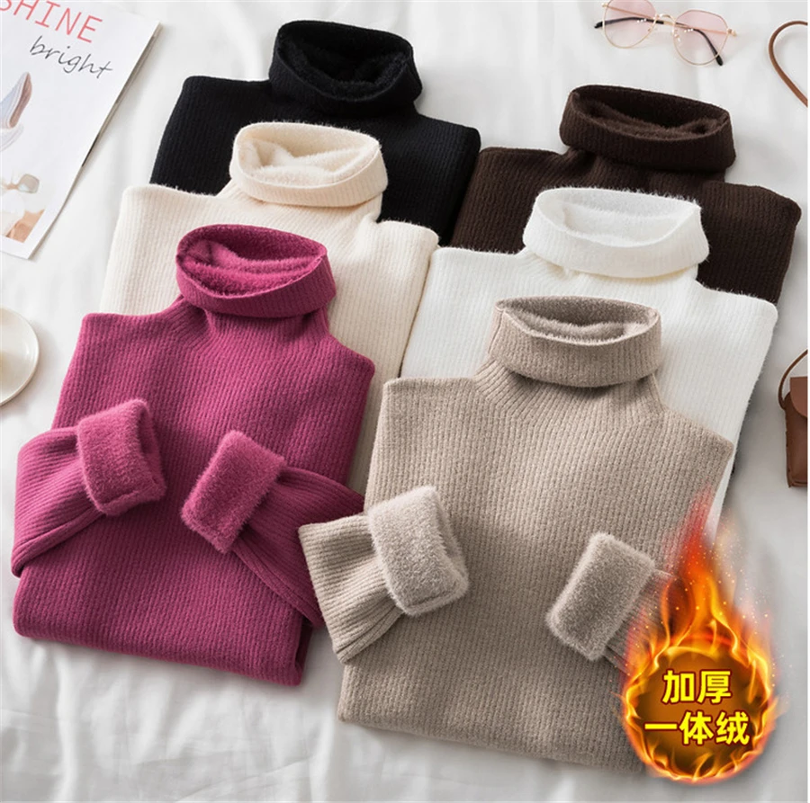 High-Quality Winter Plus Velvet Turtleneck Sweater Women Warm Slim Long Sleeve Elastic Knitted Pullovers Korean Knitwear Sweater