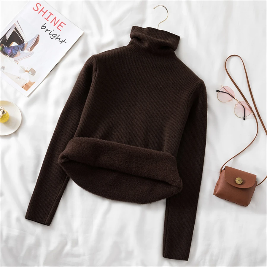 High-Quality Winter Plus Velvet Turtleneck Sweater Women Warm Slim Long Sleeve Elastic Knitted Pullovers Korean Knitwear Sweater