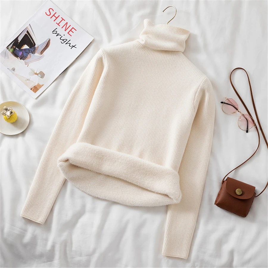 High-Quality Winter Plus Velvet Turtleneck Sweater Women Warm Slim Long Sleeve Elastic Knitted Pullovers Korean Knitwear Sweater