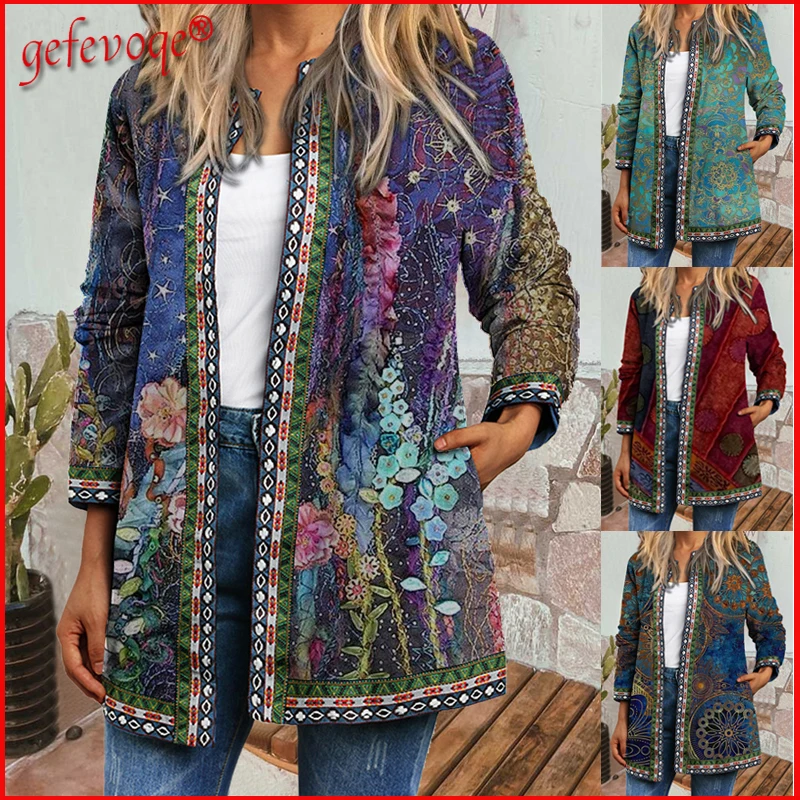 Y2K Autumn Winter Vintage Ethnic Style Cardigan Long Sleeve Printed Jackets Ladies Loose Outerwear Coat Harajuku Chic Tops Women