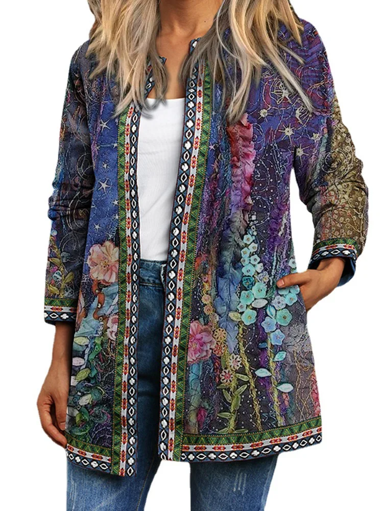 Y2K Autumn Winter Vintage Ethnic Style Cardigan Long Sleeve Printed Jackets Ladies Loose Outerwear Coat Harajuku Chic Tops Women