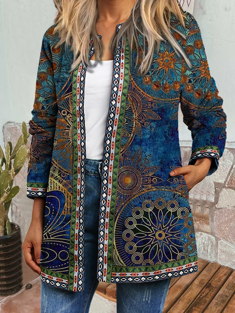 Y2K Autumn Winter Vintage Ethnic Style Cardigan Long Sleeve Printed Jackets Ladies Loose Outerwear Coat Harajuku Chic Tops Women