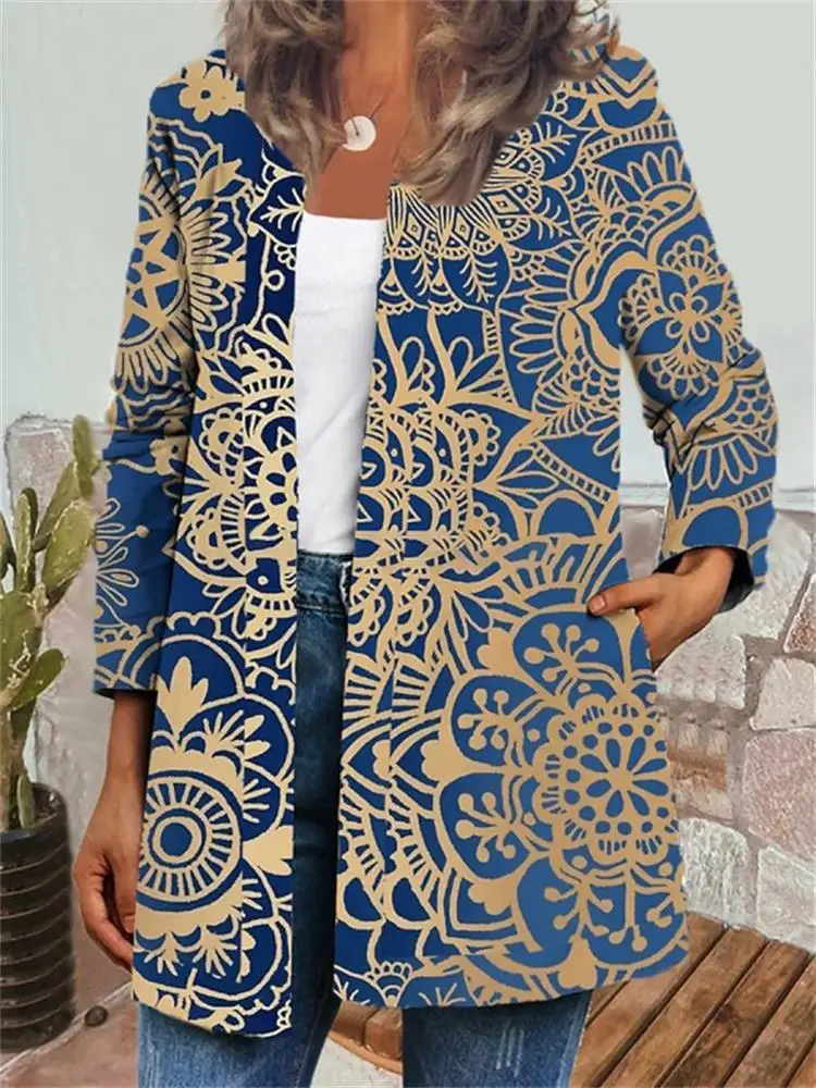 Y2K Autumn Winter Vintage Ethnic Style Cardigan Long Sleeve Printed Jackets Ladies Loose Outerwear Coat Harajuku Chic Tops Women