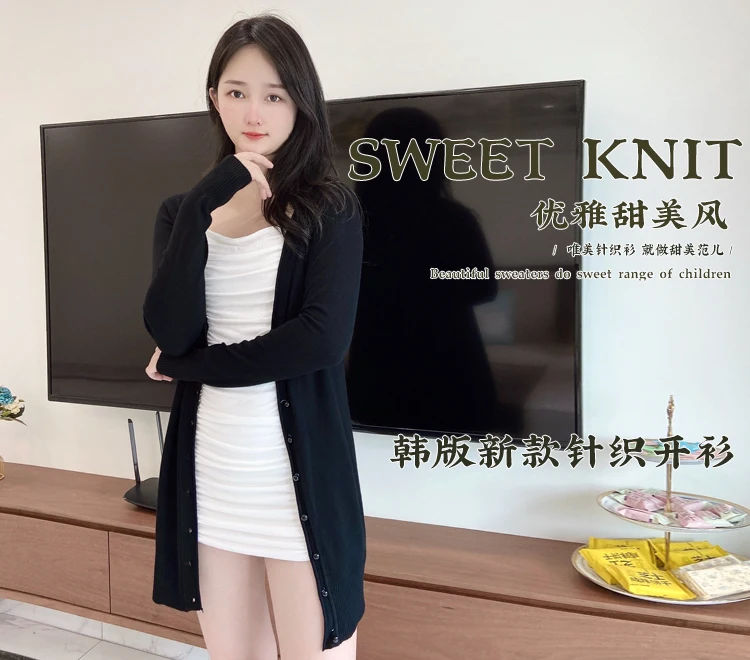 Outerwear V-neck Jersey Korean Fashion Style Cropped Blouses Long Woman Cardigan Knitted Ladies Sweaters Black Clothing Tricot
