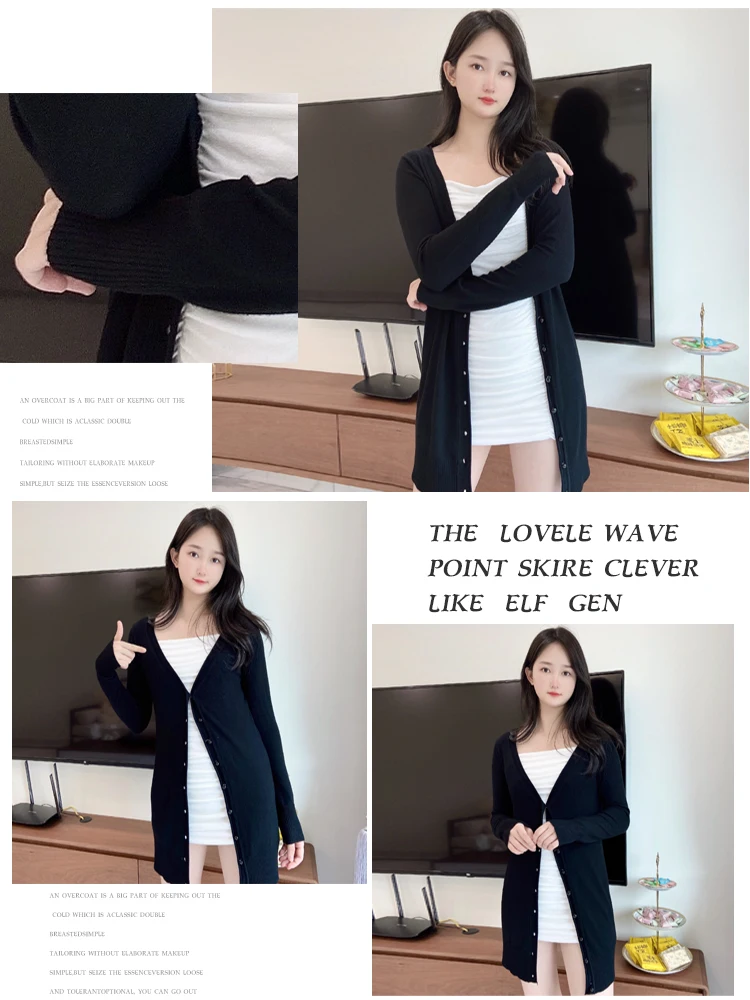 Outerwear V-neck Jersey Korean Fashion Style Cropped Blouses Long Woman Cardigan Knitted Ladies Sweaters Black Clothing Tricot