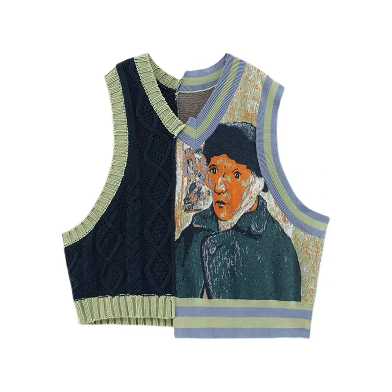 Women's Sweater Vest Sleeveless V neck jumper Print Spring Vintage Irregular Patchwork Crop Tops Loose Knitwear 2022 New Female