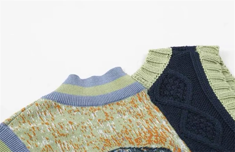 Women's Sweater Vest Sleeveless V neck jumper Print Spring Vintage Irregular Patchwork Crop Tops Loose Knitwear 2022 New Female