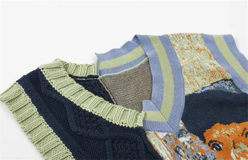Women's Sweater Vest Sleeveless V neck jumper Print Spring Vintage Irregular Patchwork Crop Tops Loose Knitwear 2022 New Female