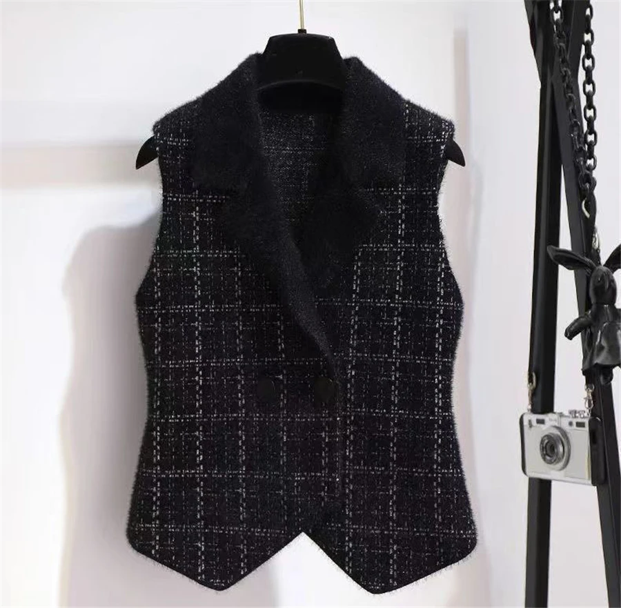 New Plaid Imitation Mink Vest Coats Women Slim Vintage Sleeveless Sweater Crop Tops Spring Fall Chic Knitted Waistcoats Outwear