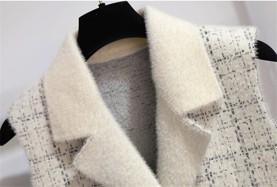 New Plaid Imitation Mink Vest Coats Women Slim Vintage Sleeveless Sweater Crop Tops Spring Fall Chic Knitted Waistcoats Outwear