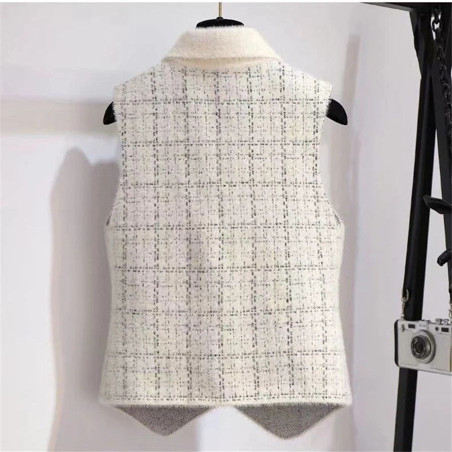 New Plaid Imitation Mink Vest Coats Women Slim Vintage Sleeveless Sweater Crop Tops Spring Fall Chic Knitted Waistcoats Outwear