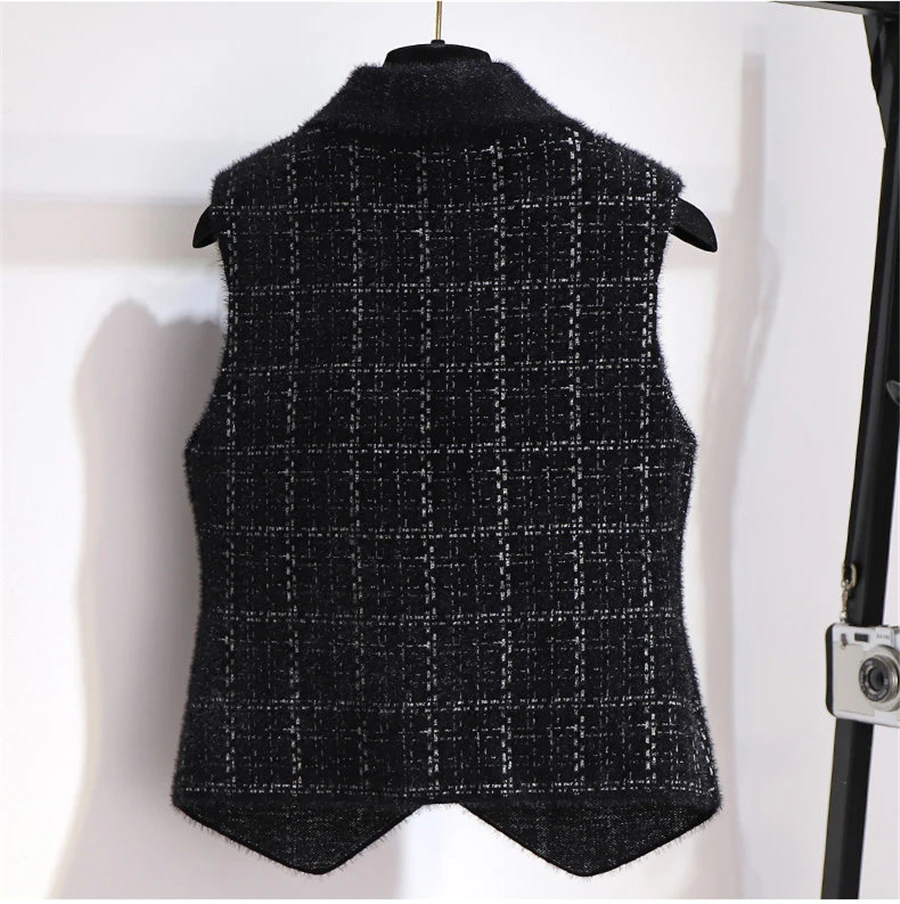 New Plaid Imitation Mink Vest Coats Women Slim Vintage Sleeveless Sweater Crop Tops Spring Fall Chic Knitted Waistcoats Outwear