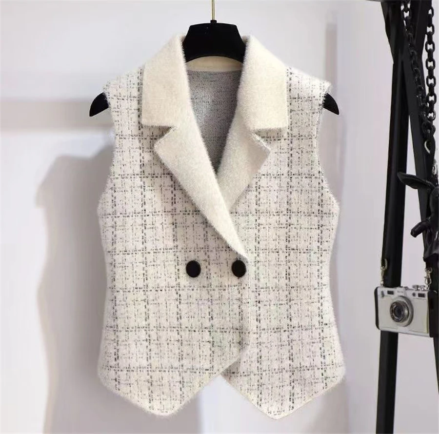 New Plaid Imitation Mink Vest Coats Women Slim Vintage Sleeveless Sweater Crop Tops Spring Fall Chic Knitted Waistcoats Outwear