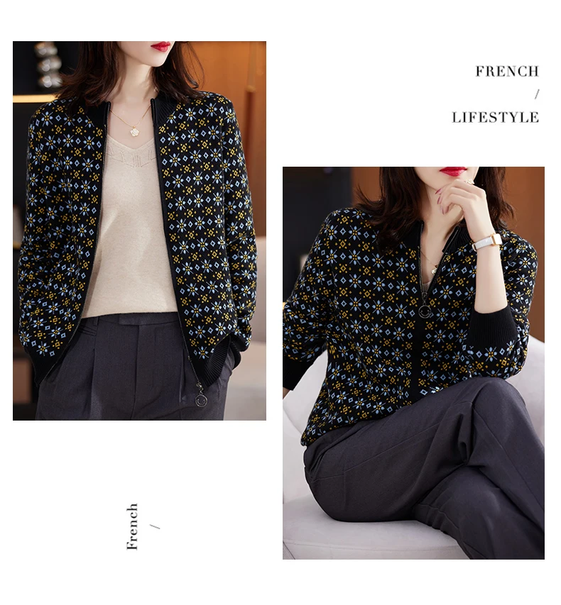 Women 100% Cotton Color Block Jacquard Sweater O-neck Cardigan Autumn Winter Top New Outerwear Knit Zipper Warm Jacket