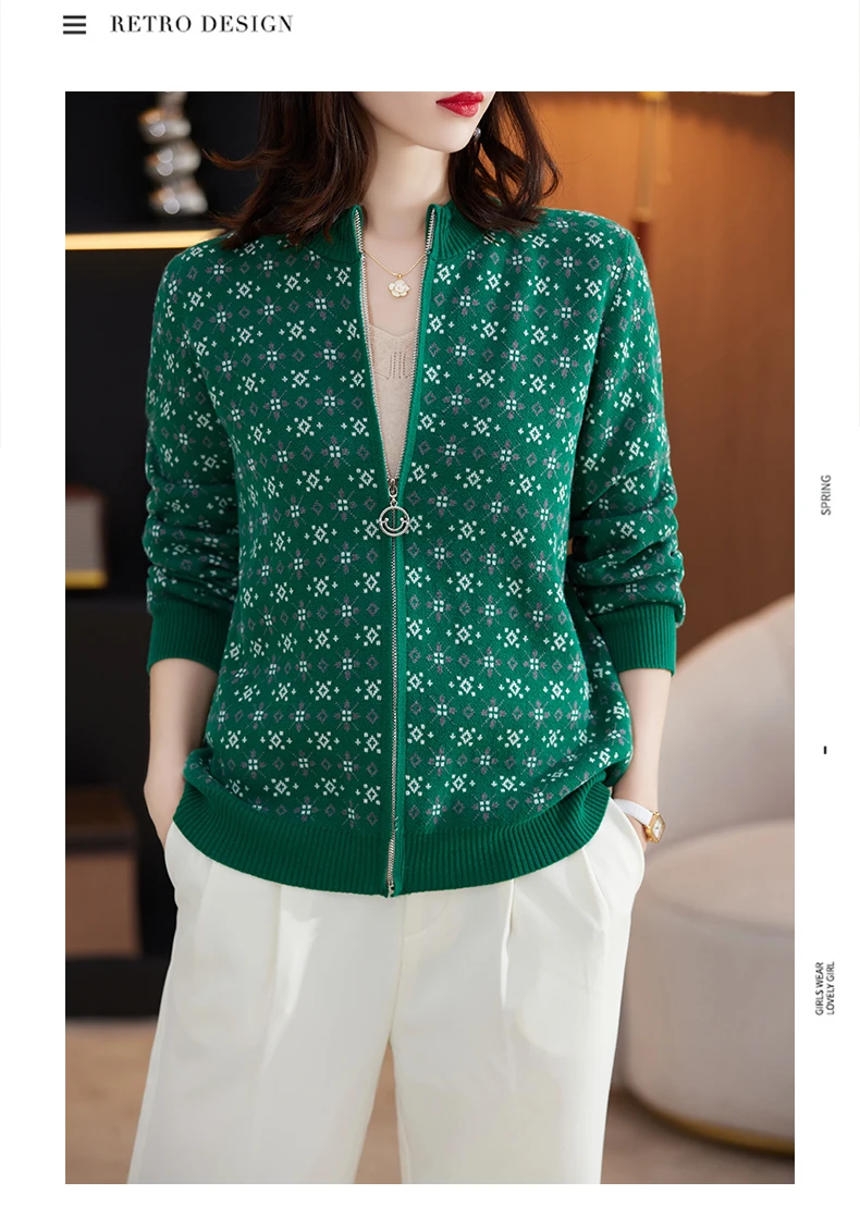 Women 100% Cotton Color Block Jacquard Sweater O-neck Cardigan Autumn Winter Top New Outerwear Knit Zipper Warm Jacket